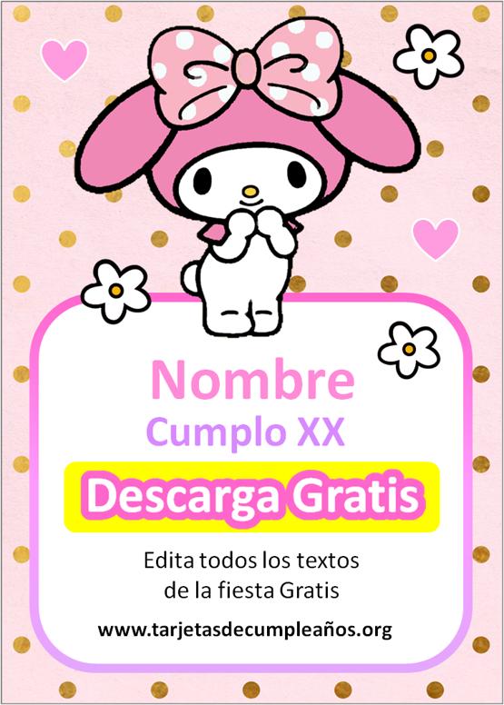 invitacion my melody fondo rosado puntos dorados