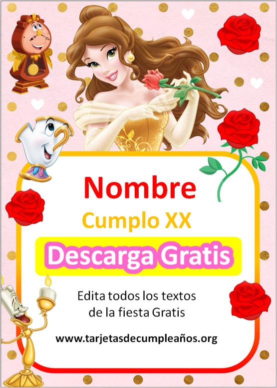 invitaciones de la bella y la bestia gratis fondo rosa y dorado